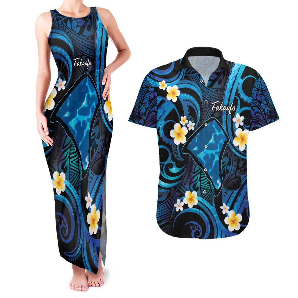 Tokelau Fakaofo Atoll Couples Matching Tank Maxi Dress and Hawaiian Shirt Polynesian Tattoo Plumeria With Map LT14 Blue - Polynesian Pride