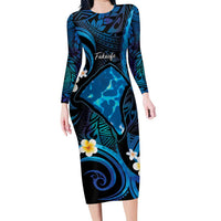 Tokelau Fakaofo Atoll Family Matching Long Sleeve Bodycon Dress and Hawaiian Shirt Polynesian Tattoo Plumeria With Map LT14 Mom's Dress Blue - Polynesian Pride