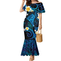 Tokelau Fakaofo Atoll Family Matching Mermaid Dress and Hawaiian Shirt Polynesian Tattoo Plumeria With Map LT14 Mom's Dress Blue - Polynesian Pride
