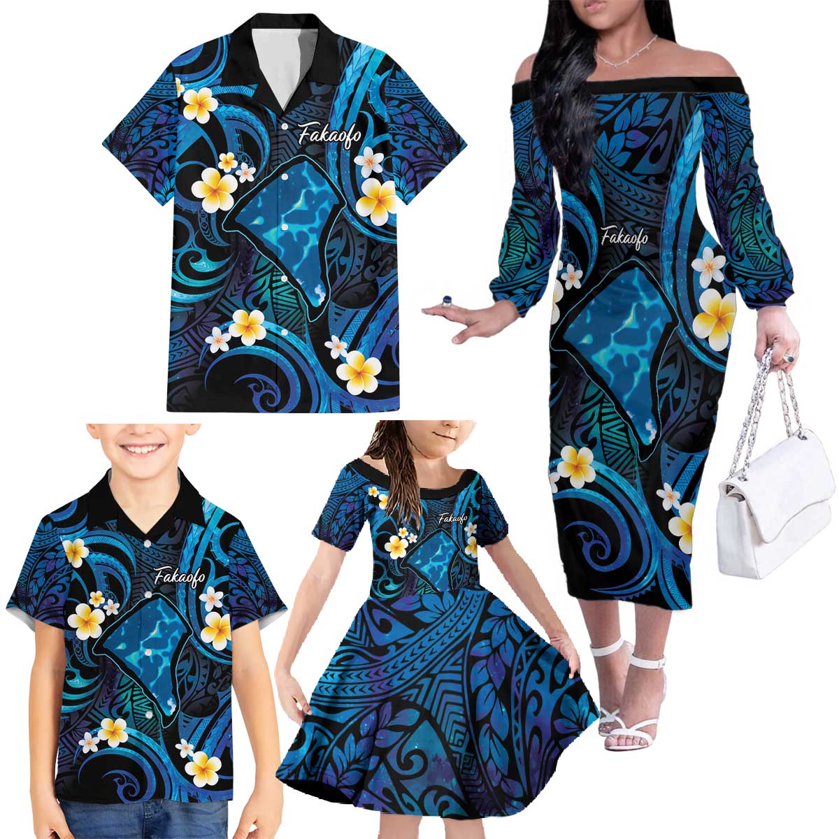 Tokelau Fakaofo Atoll Family Matching Off The Shoulder Long Sleeve Dress and Hawaiian Shirt Polynesian Tattoo Plumeria With Map LT14 - Polynesian Pride