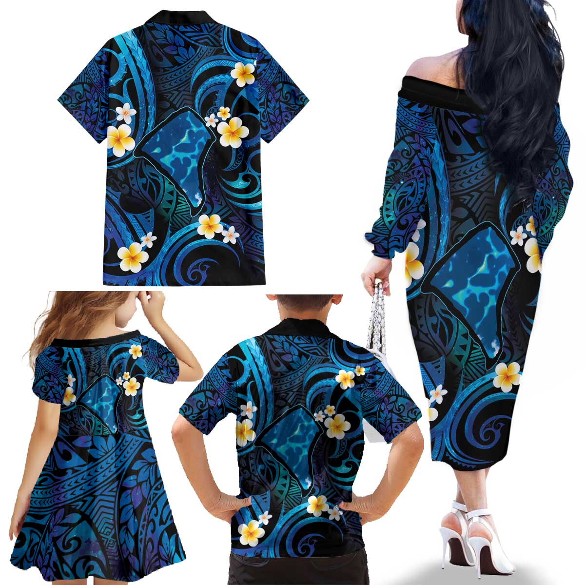 Tokelau Fakaofo Atoll Family Matching Off The Shoulder Long Sleeve Dress and Hawaiian Shirt Polynesian Tattoo Plumeria With Map LT14 - Polynesian Pride