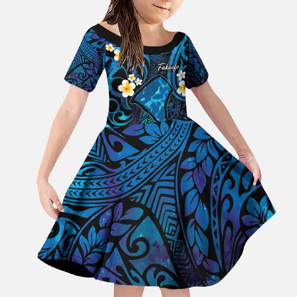 Tokelau Fakaofo Atoll Family Matching Off Shoulder Maxi Dress and Hawaiian Shirt Polynesian Tattoo Plumeria With Map LT14 Daughter's Dress Blue - Polynesian Pride
