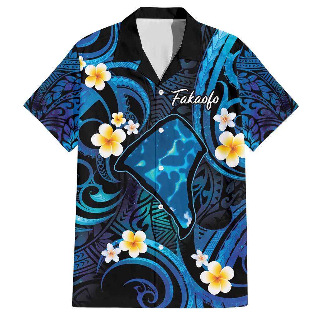 Tokelau Fakaofo Atoll Family Matching Off Shoulder Maxi Dress and Hawaiian Shirt Polynesian Tattoo Plumeria With Map LT14 Dad's Shirt - Short Sleeve Blue - Polynesian Pride