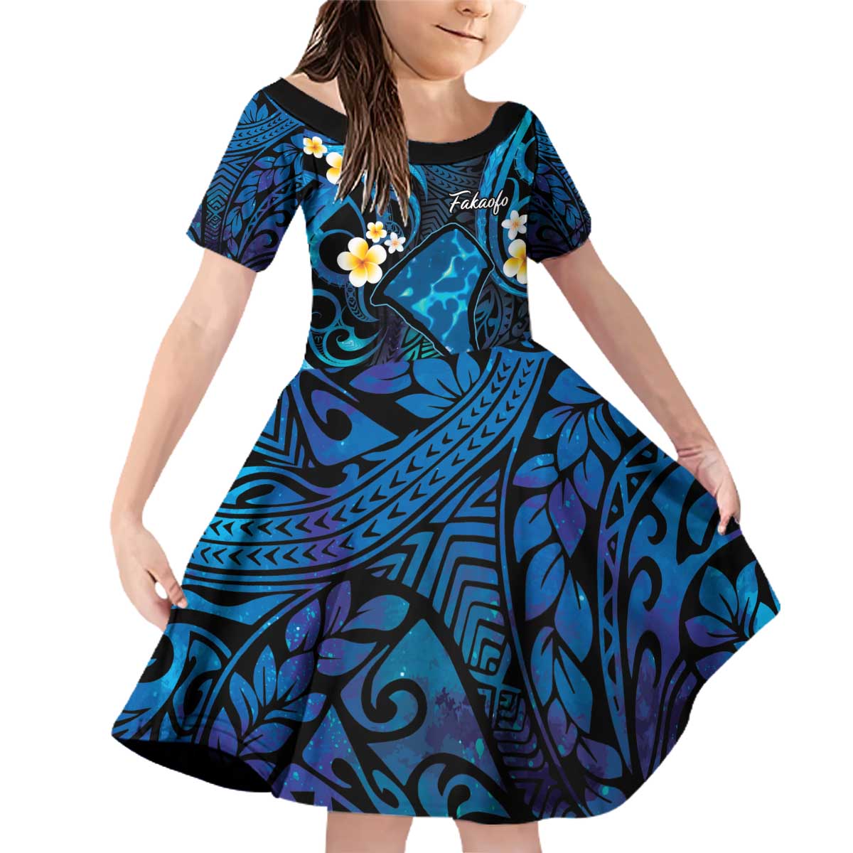 Tokelau Fakaofo Atoll Family Matching Off Shoulder Short Dress and Hawaiian Shirt Polynesian Tattoo Plumeria With Map LT14 Daughter's Dress Blue - Polynesian Pride