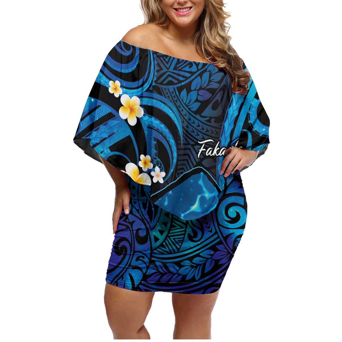 Tokelau Fakaofo Atoll Family Matching Off Shoulder Short Dress and Hawaiian Shirt Polynesian Tattoo Plumeria With Map LT14 Mom's Dress Blue - Polynesian Pride