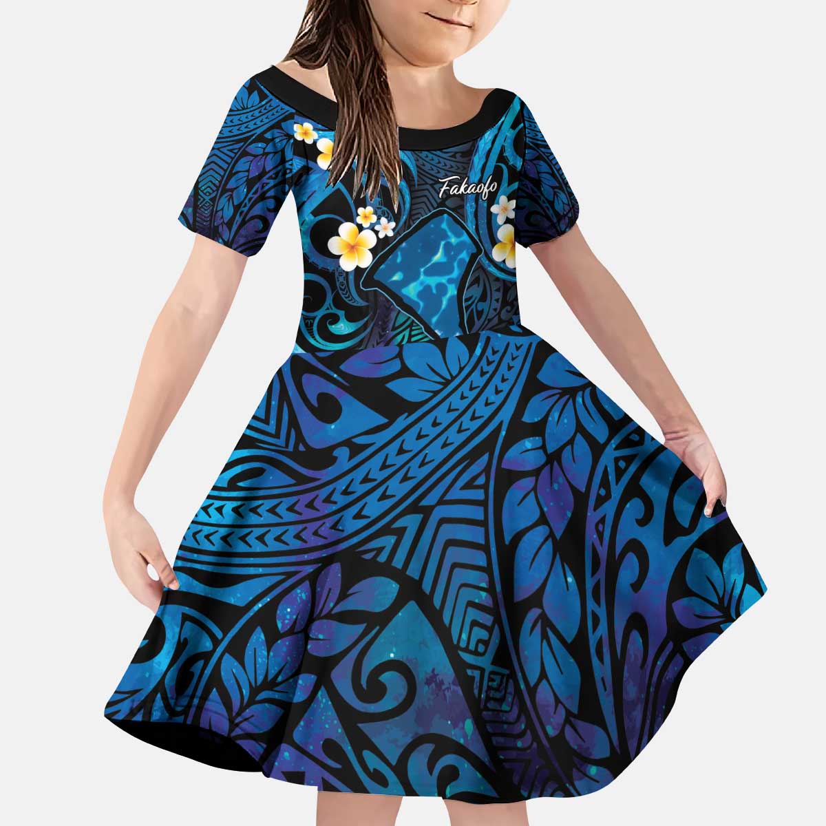 Tokelau Fakaofo Atoll Family Matching Puletasi and Hawaiian Shirt Polynesian Tattoo Plumeria With Map LT14 Daughter's Dress Blue - Polynesian Pride