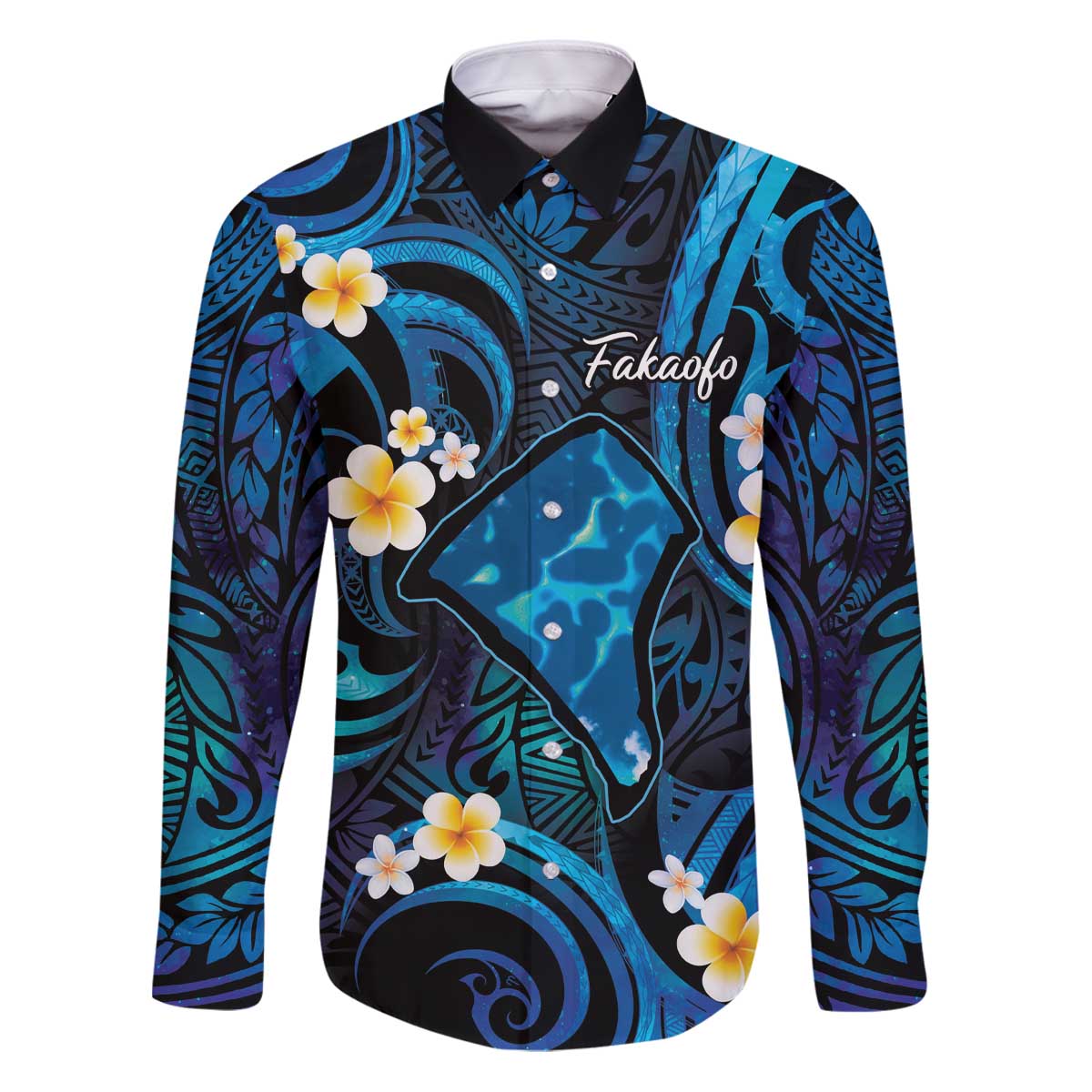 Tokelau Fakaofo Atoll Family Matching Puletasi and Hawaiian Shirt Polynesian Tattoo Plumeria With Map LT14 Dad's Shirt - Long Sleeve Blue - Polynesian Pride