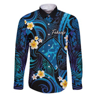 Tokelau Fakaofo Atoll Family Matching Puletasi and Hawaiian Shirt Polynesian Tattoo Plumeria With Map LT14 Dad's Shirt - Long Sleeve Blue - Polynesian Pride