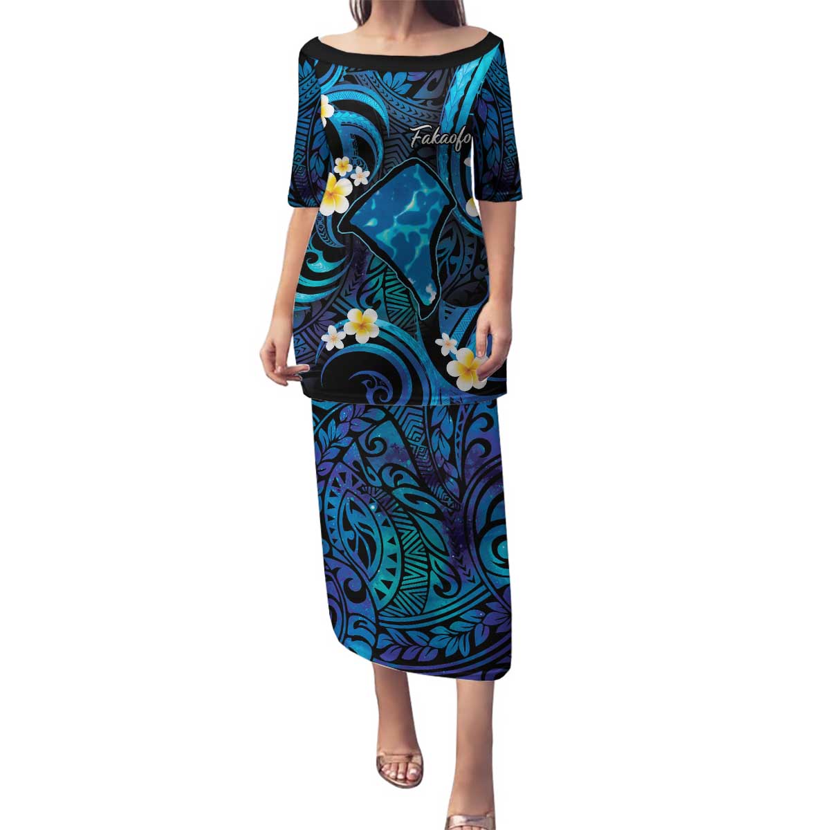 Tokelau Fakaofo Atoll Family Matching Puletasi and Hawaiian Shirt Polynesian Tattoo Plumeria With Map LT14 Mom's Dress Blue - Polynesian Pride