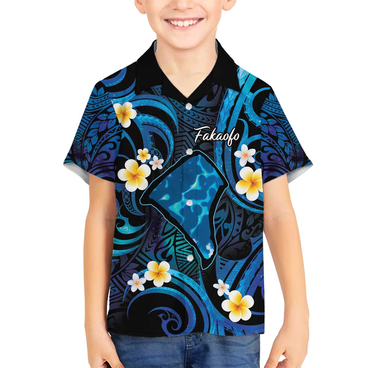 Tokelau Fakaofo Atoll Family Matching Puletasi and Hawaiian Shirt Polynesian Tattoo Plumeria With Map LT14 Son's Shirt Blue - Polynesian Pride