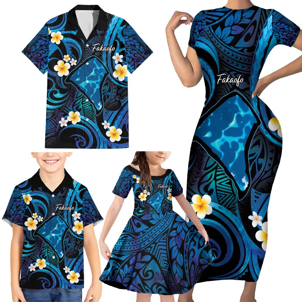 Tokelau Fakaofo Atoll Family Matching Short Sleeve Bodycon Dress and Hawaiian Shirt Polynesian Tattoo Plumeria With Map LT14 - Polynesian Pride