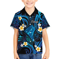 Tokelau Fakaofo Atoll Family Matching Short Sleeve Bodycon Dress and Hawaiian Shirt Polynesian Tattoo Plumeria With Map LT14 Son's Shirt Blue - Polynesian Pride