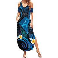 Tokelau Fakaofo Atoll Family Matching Summer Maxi Dress and Hawaiian Shirt Polynesian Tattoo Plumeria With Map LT14 Mom's Dress Blue - Polynesian Pride