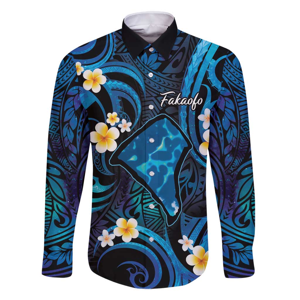 Tokelau Fakaofo Atoll Family Matching Tank Maxi Dress and Hawaiian Shirt Polynesian Tattoo Plumeria With Map LT14 Dad's Shirt - Long Sleeve Blue - Polynesian Pride