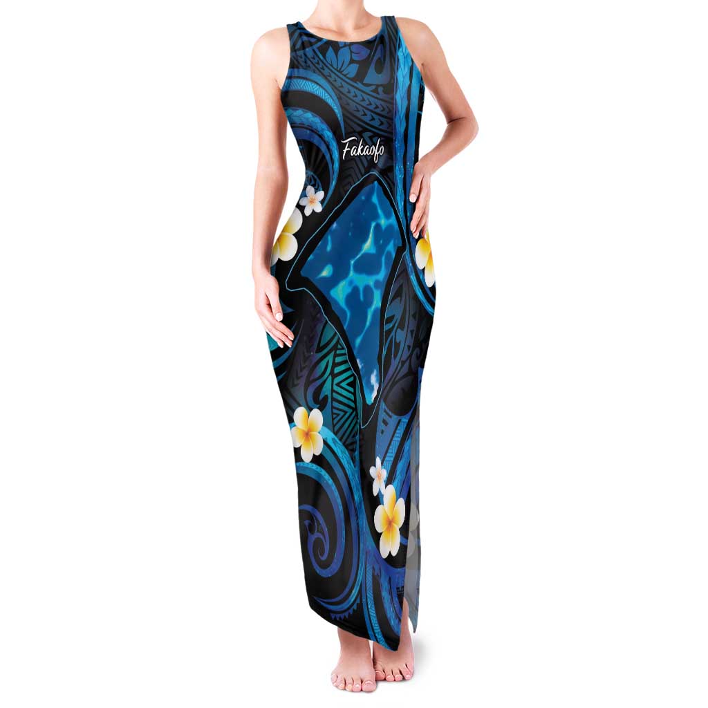 Tokelau Fakaofo Atoll Family Matching Tank Maxi Dress and Hawaiian Shirt Polynesian Tattoo Plumeria With Map LT14 Mom's Dress Blue - Polynesian Pride
