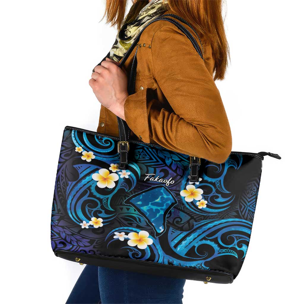 Tokelau Fakaofo Atoll Leather Tote Bag Polynesian Tattoo Plumeria With Map LT14 Blue - Polynesian Pride