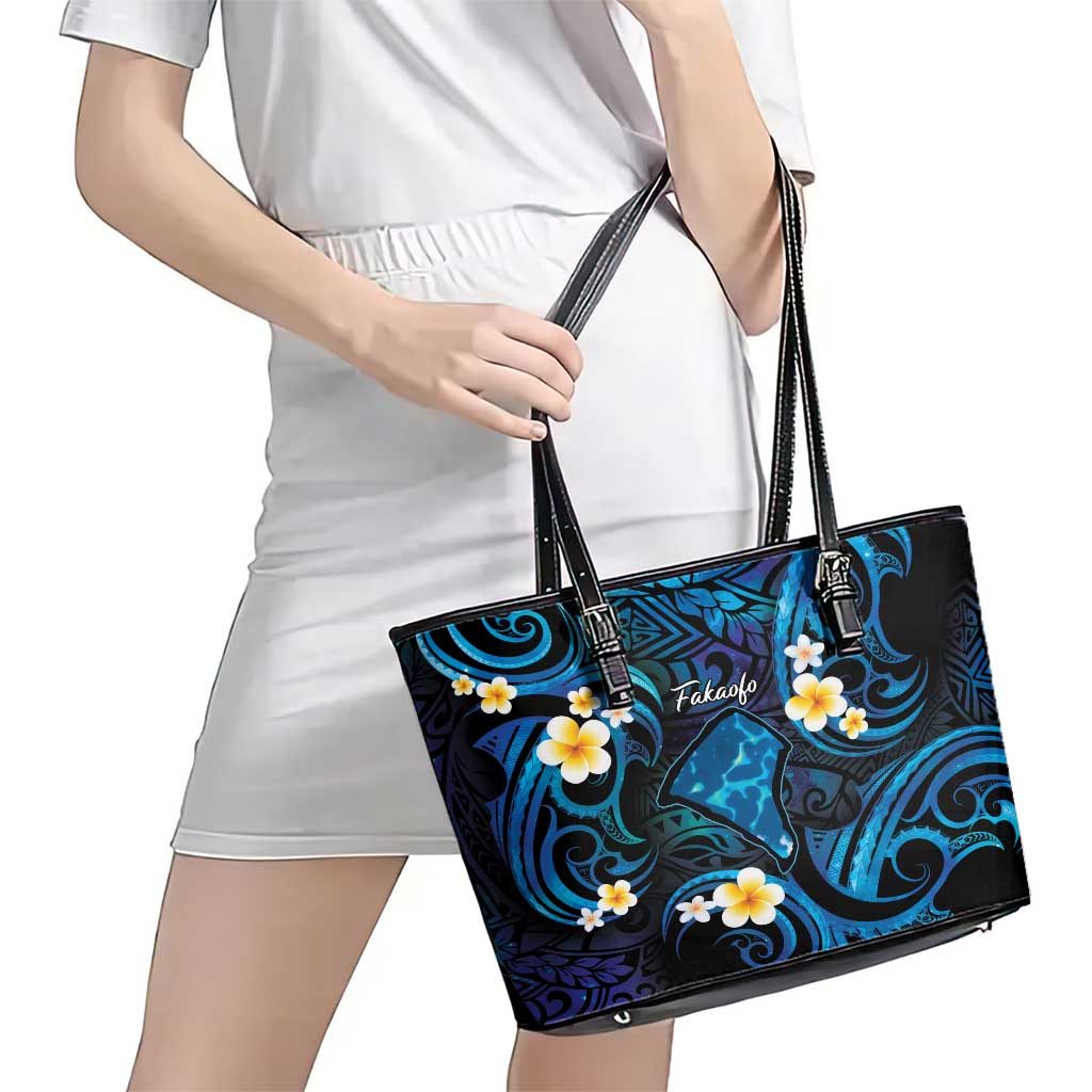 Tokelau Fakaofo Atoll Leather Tote Bag Polynesian Tattoo Plumeria With Map LT14 - Polynesian Pride