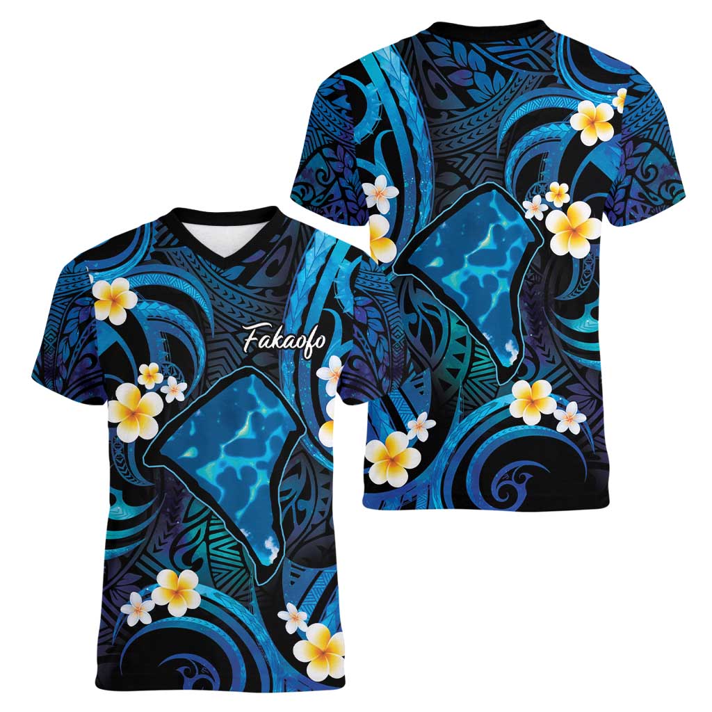 Tokelau Fakaofo Atoll Women V-Neck T-Shirt Polynesian Tattoo Plumeria With Map LT14 - Polynesian Pride