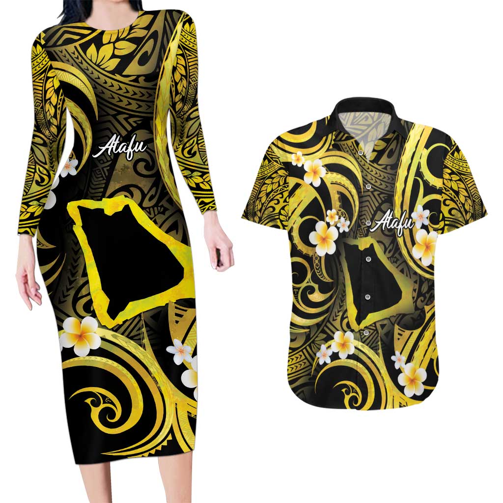 Tokelau Atafu Atoll Couples Matching Long Sleeve Bodycon Dress and Hawaiian Shirt Polynesian Tattoo Plumeria With Map LT14 Gold - Polynesian Pride