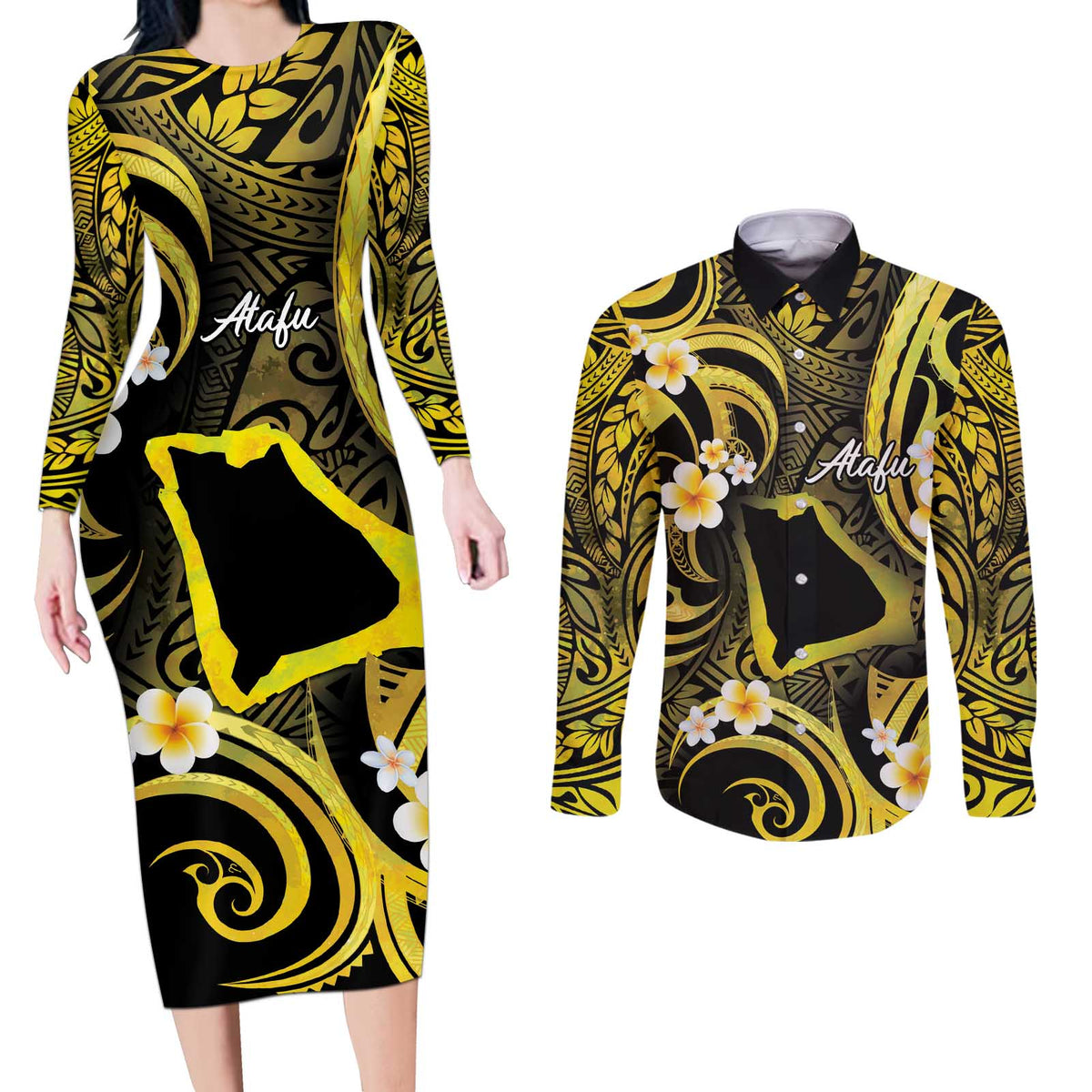 Tokelau Atafu Atoll Couples Matching Long Sleeve Bodycon Dress and Long Sleeve Button Shirt Polynesian Tattoo Plumeria With Map LT14 Gold - Polynesian Pride