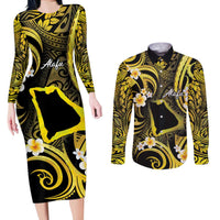Tokelau Atafu Atoll Couples Matching Long Sleeve Bodycon Dress and Long Sleeve Button Shirt Polynesian Tattoo Plumeria With Map LT14 Gold - Polynesian Pride