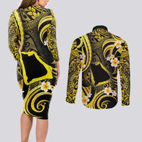 Tokelau Atafu Atoll Couples Matching Long Sleeve Bodycon Dress and Long Sleeve Button Shirt Polynesian Tattoo Plumeria With Map LT14 - Polynesian Pride