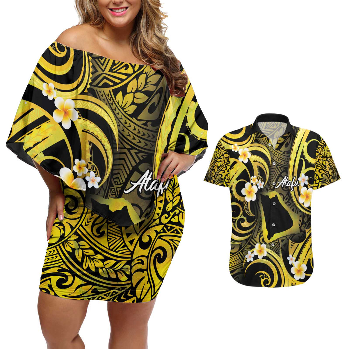 Tokelau Atafu Atoll Couples Matching Off Shoulder Short Dress and Hawaiian Shirt Polynesian Tattoo Plumeria With Map LT14 Gold - Polynesian Pride