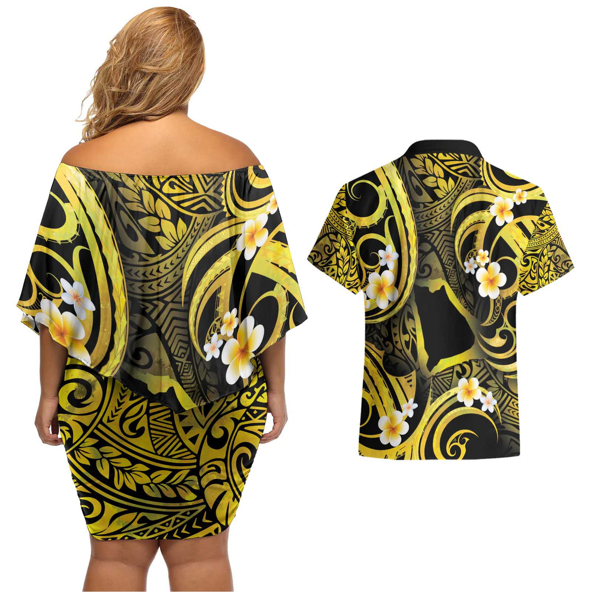 Tokelau Atafu Atoll Couples Matching Off Shoulder Short Dress and Hawaiian Shirt Polynesian Tattoo Plumeria With Map LT14 - Polynesian Pride