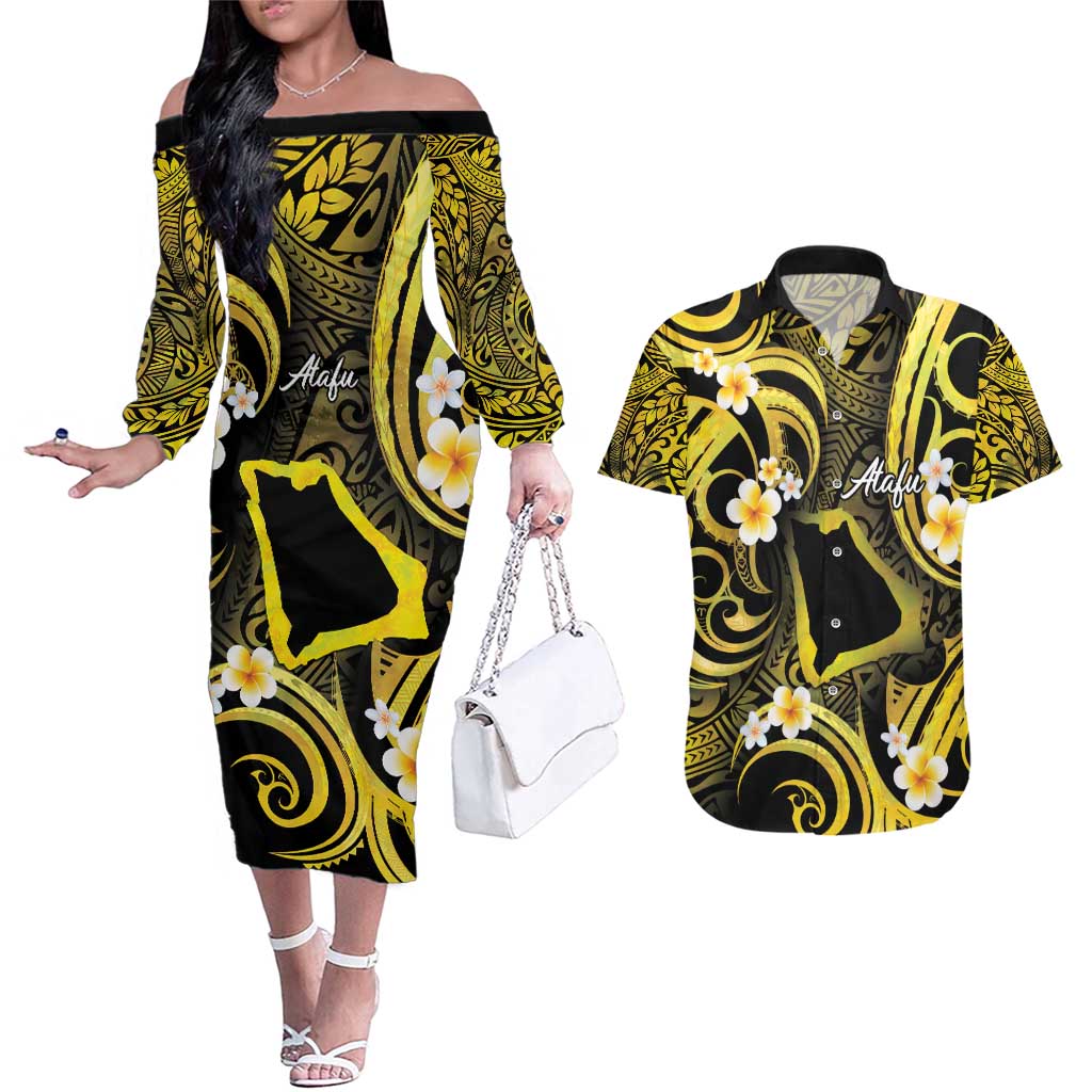 Tokelau Atafu Atoll Couples Matching Off The Shoulder Long Sleeve Dress and Hawaiian Shirt Polynesian Tattoo Plumeria With Map LT14 Gold - Polynesian Pride