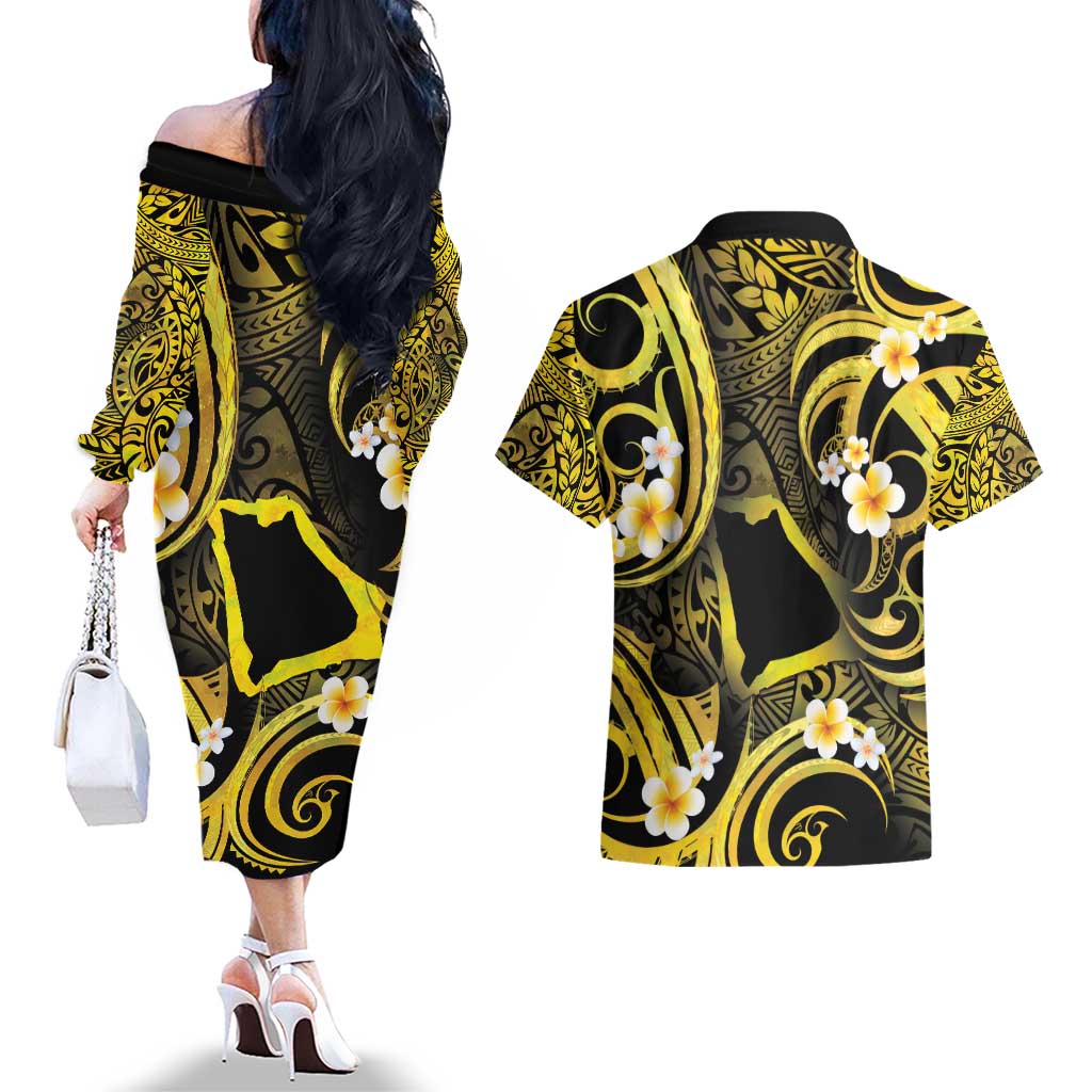 Tokelau Atafu Atoll Couples Matching Off The Shoulder Long Sleeve Dress and Hawaiian Shirt Polynesian Tattoo Plumeria With Map LT14 - Polynesian Pride