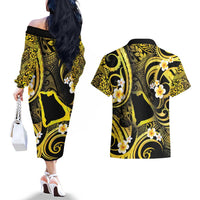 Tokelau Atafu Atoll Couples Matching Off The Shoulder Long Sleeve Dress and Hawaiian Shirt Polynesian Tattoo Plumeria With Map LT14 - Polynesian Pride
