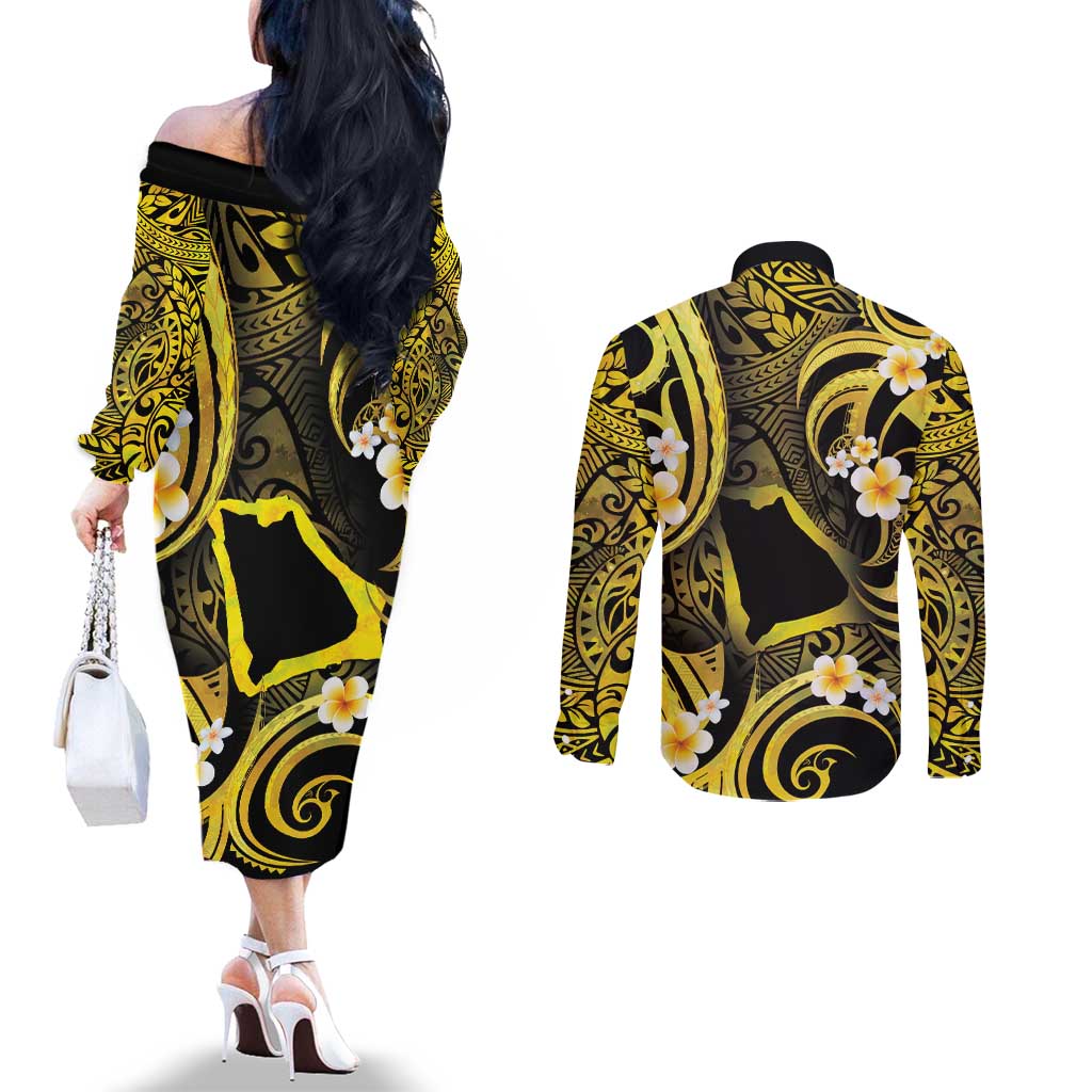 Tokelau Atafu Atoll Couples Matching Off The Shoulder Long Sleeve Dress and Long Sleeve Button Shirt Polynesian Tattoo Plumeria With Map LT14 - Polynesian Pride
