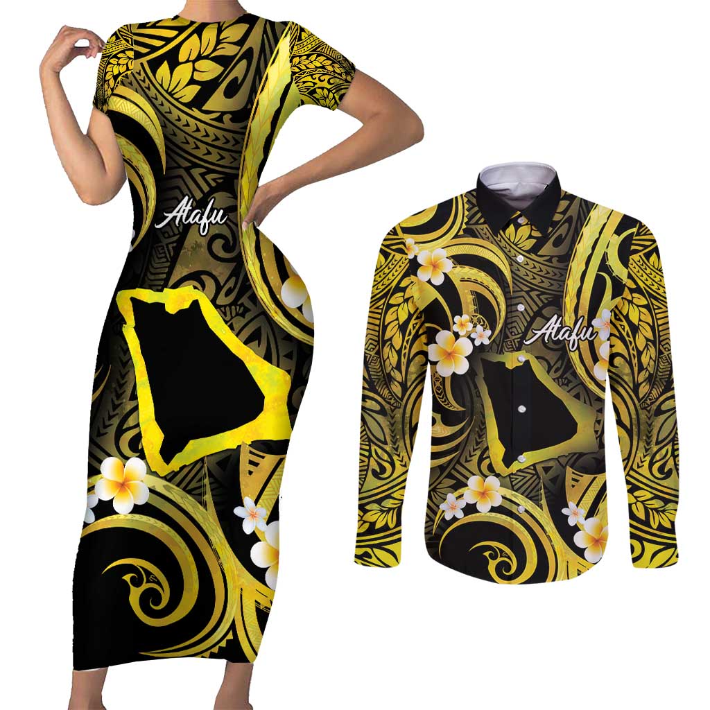 Tokelau Atafu Atoll Couples Matching Short Sleeve Bodycon Dress and Long Sleeve Button Shirt Polynesian Tattoo Plumeria With Map LT14 Gold - Polynesian Pride