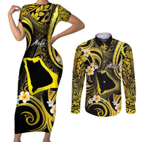 Tokelau Atafu Atoll Couples Matching Short Sleeve Bodycon Dress and Long Sleeve Button Shirt Polynesian Tattoo Plumeria With Map LT14 Gold - Polynesian Pride