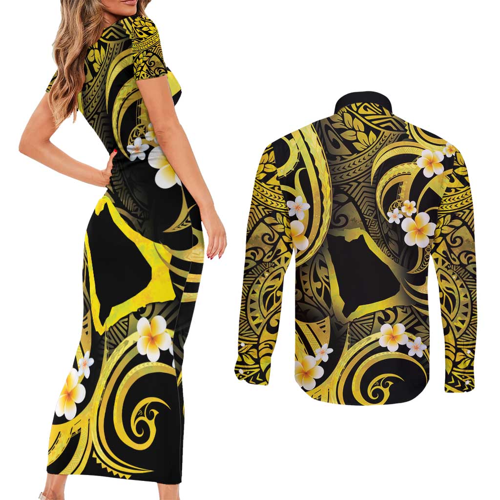 Tokelau Atafu Atoll Couples Matching Short Sleeve Bodycon Dress and Long Sleeve Button Shirt Polynesian Tattoo Plumeria With Map LT14 - Polynesian Pride