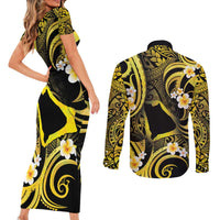 Tokelau Atafu Atoll Couples Matching Short Sleeve Bodycon Dress and Long Sleeve Button Shirt Polynesian Tattoo Plumeria With Map LT14 - Polynesian Pride