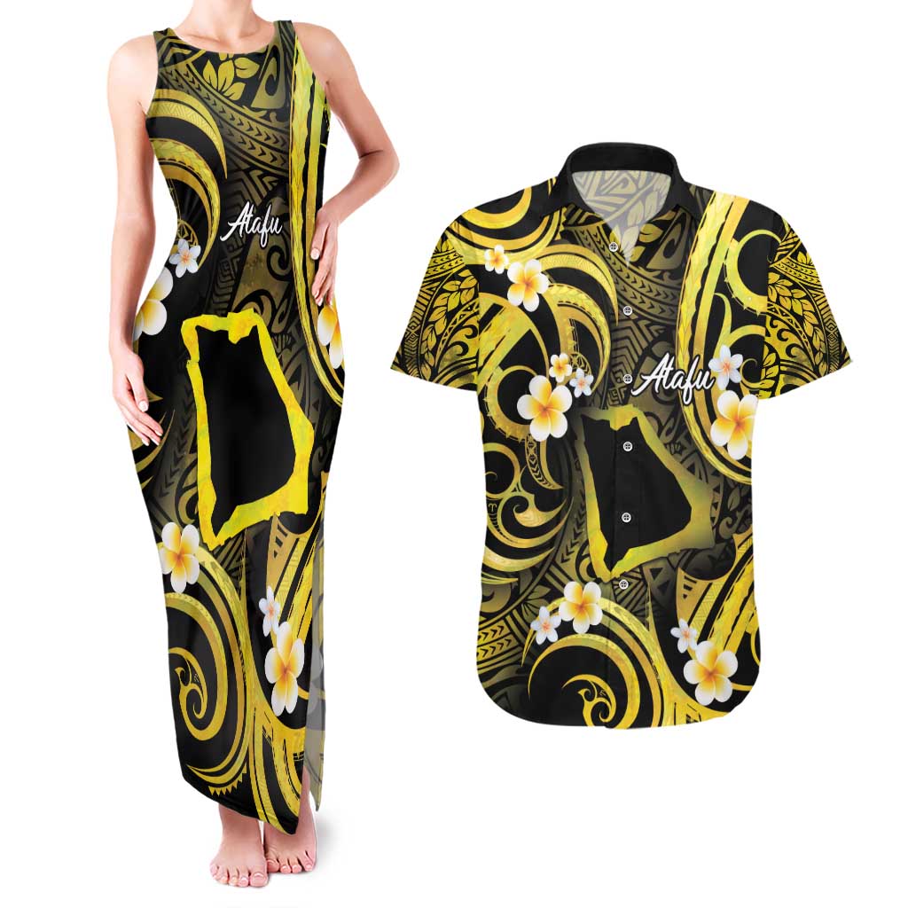 Tokelau Atafu Atoll Couples Matching Tank Maxi Dress and Hawaiian Shirt Polynesian Tattoo Plumeria With Map LT14 Gold - Polynesian Pride