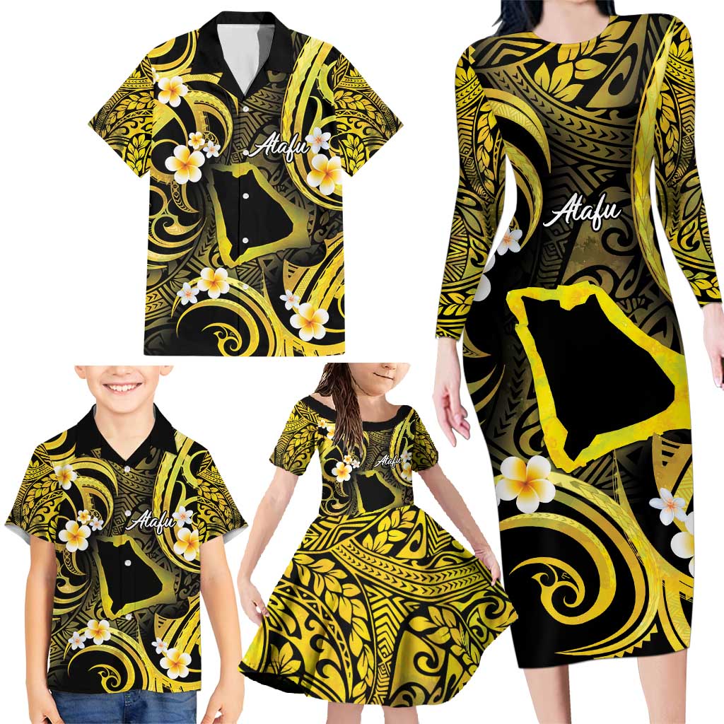 Tokelau Atafu Atoll Family Matching Long Sleeve Bodycon Dress and Hawaiian Shirt Polynesian Tattoo Plumeria With Map LT14 - Polynesian Pride