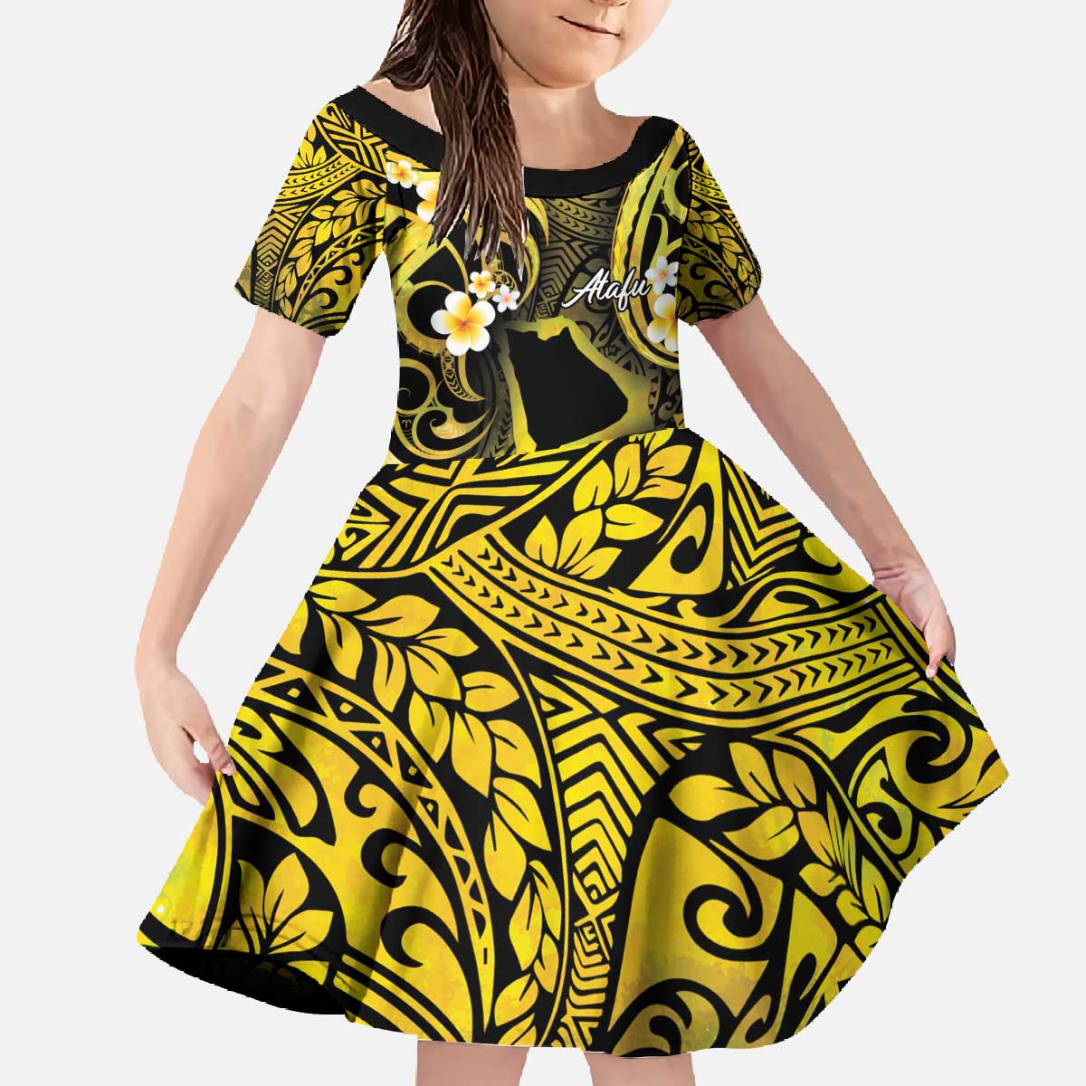 Tokelau Atafu Atoll Family Matching Off The Shoulder Long Sleeve Dress and Hawaiian Shirt Polynesian Tattoo Plumeria With Map LT14 Daughter's Dress Gold - Polynesian Pride