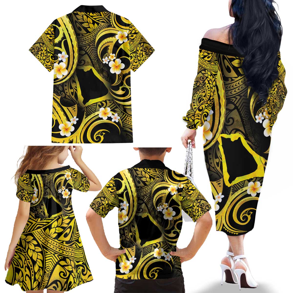 Tokelau Atafu Atoll Family Matching Off The Shoulder Long Sleeve Dress and Hawaiian Shirt Polynesian Tattoo Plumeria With Map LT14 - Polynesian Pride