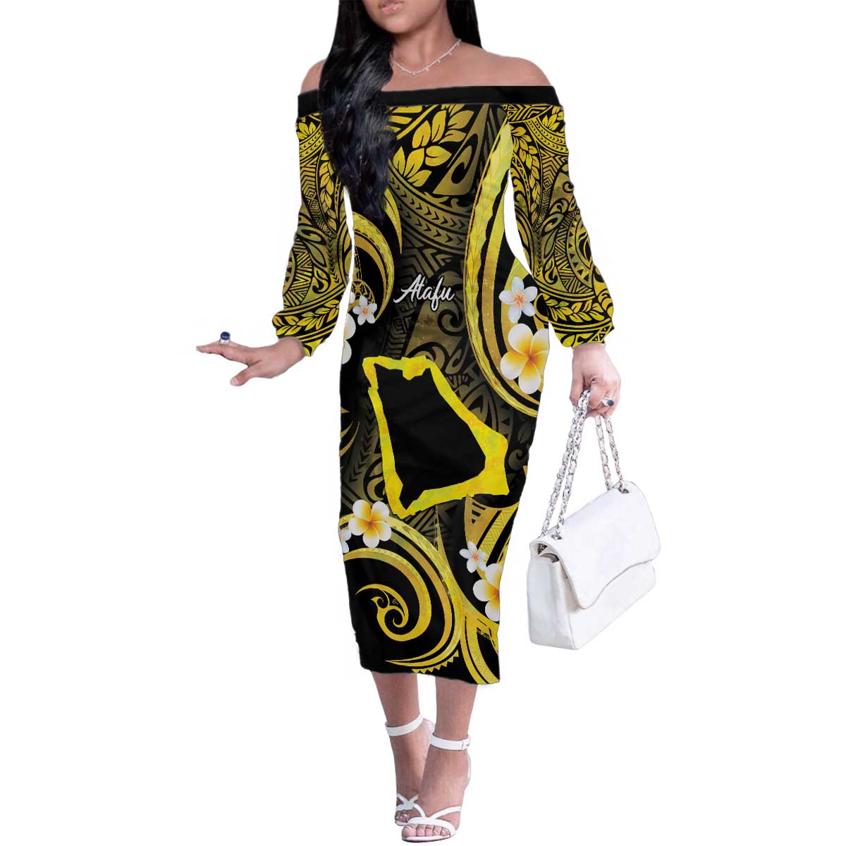 Tokelau Atafu Atoll Family Matching Off The Shoulder Long Sleeve Dress and Hawaiian Shirt Polynesian Tattoo Plumeria With Map LT14 Mom's Dress Gold - Polynesian Pride