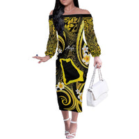 Tokelau Atafu Atoll Family Matching Off The Shoulder Long Sleeve Dress and Hawaiian Shirt Polynesian Tattoo Plumeria With Map LT14 Mom's Dress Gold - Polynesian Pride