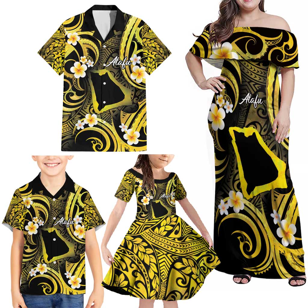Tokelau Atafu Atoll Family Matching Off Shoulder Maxi Dress and Hawaiian Shirt Polynesian Tattoo Plumeria With Map LT14 - Polynesian Pride