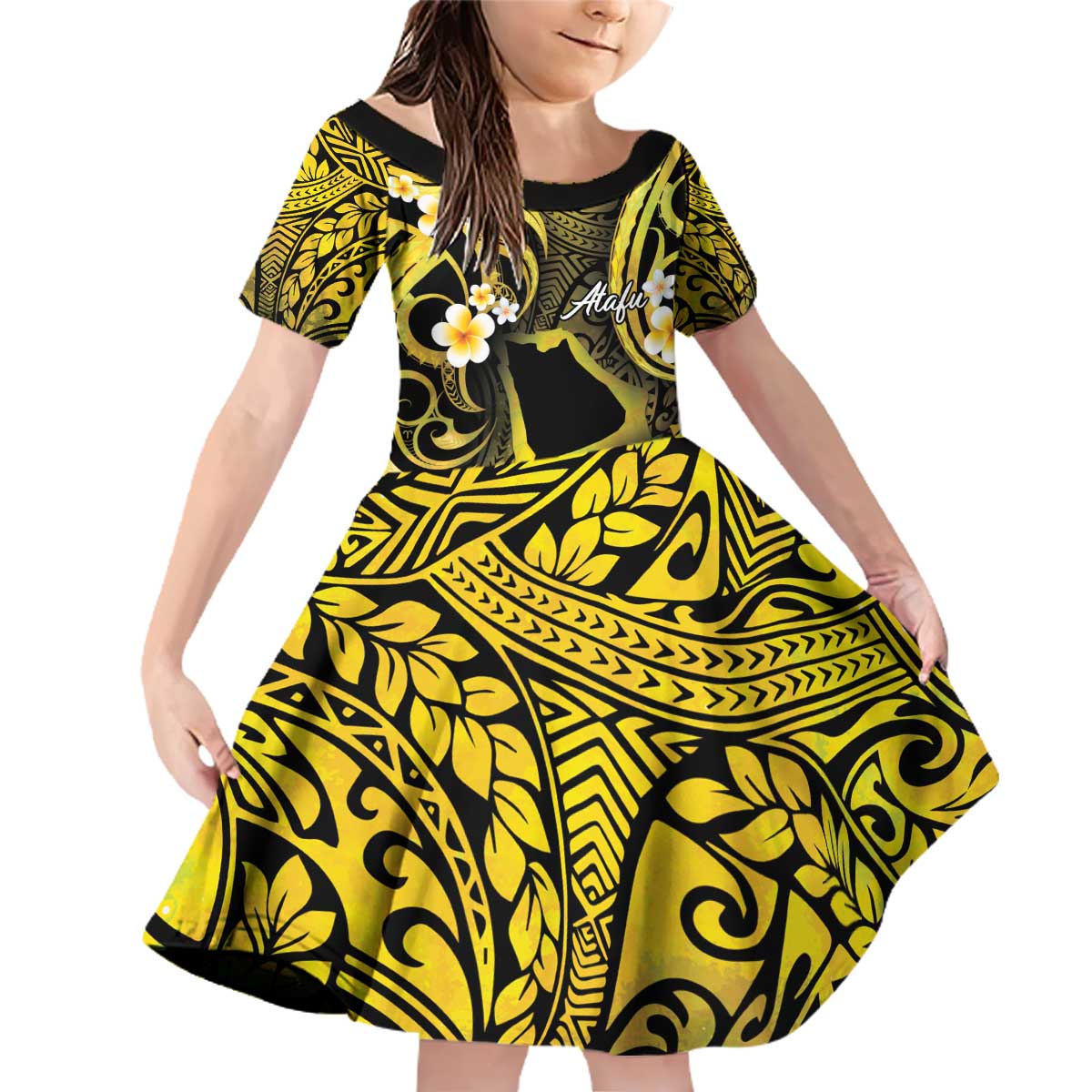 Tokelau Atafu Atoll Family Matching Off Shoulder Short Dress and Hawaiian Shirt Polynesian Tattoo Plumeria With Map LT14 Daughter's Dress Gold - Polynesian Pride
