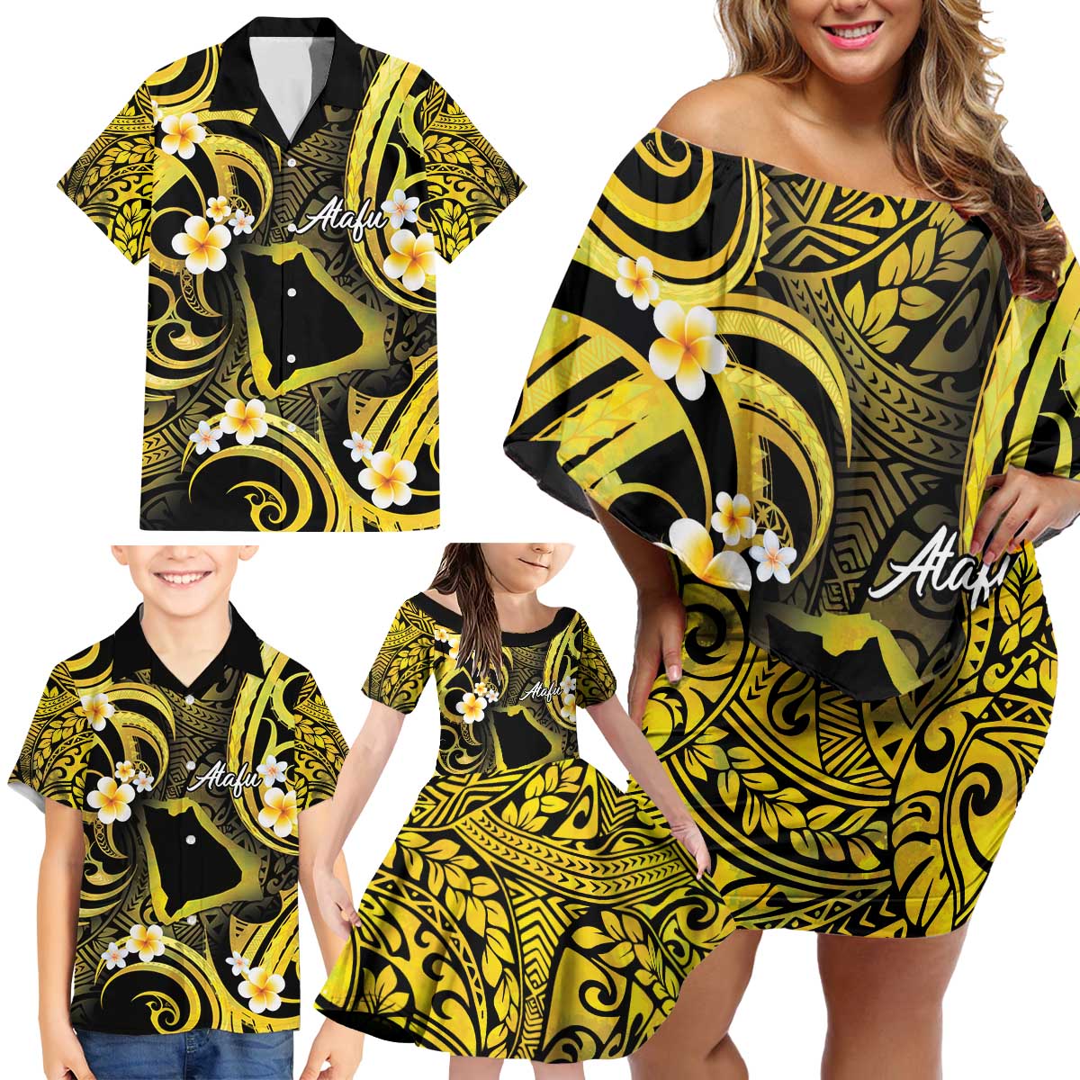Tokelau Atafu Atoll Family Matching Off Shoulder Short Dress and Hawaiian Shirt Polynesian Tattoo Plumeria With Map LT14 - Polynesian Pride