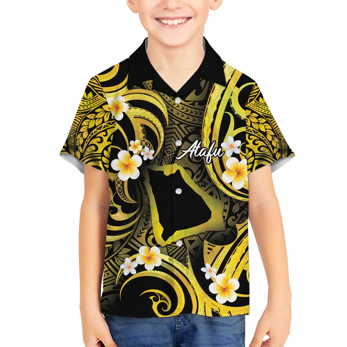 Tokelau Atafu Atoll Family Matching Off Shoulder Short Dress and Hawaiian Shirt Polynesian Tattoo Plumeria With Map LT14 Son's Shirt Gold - Polynesian Pride