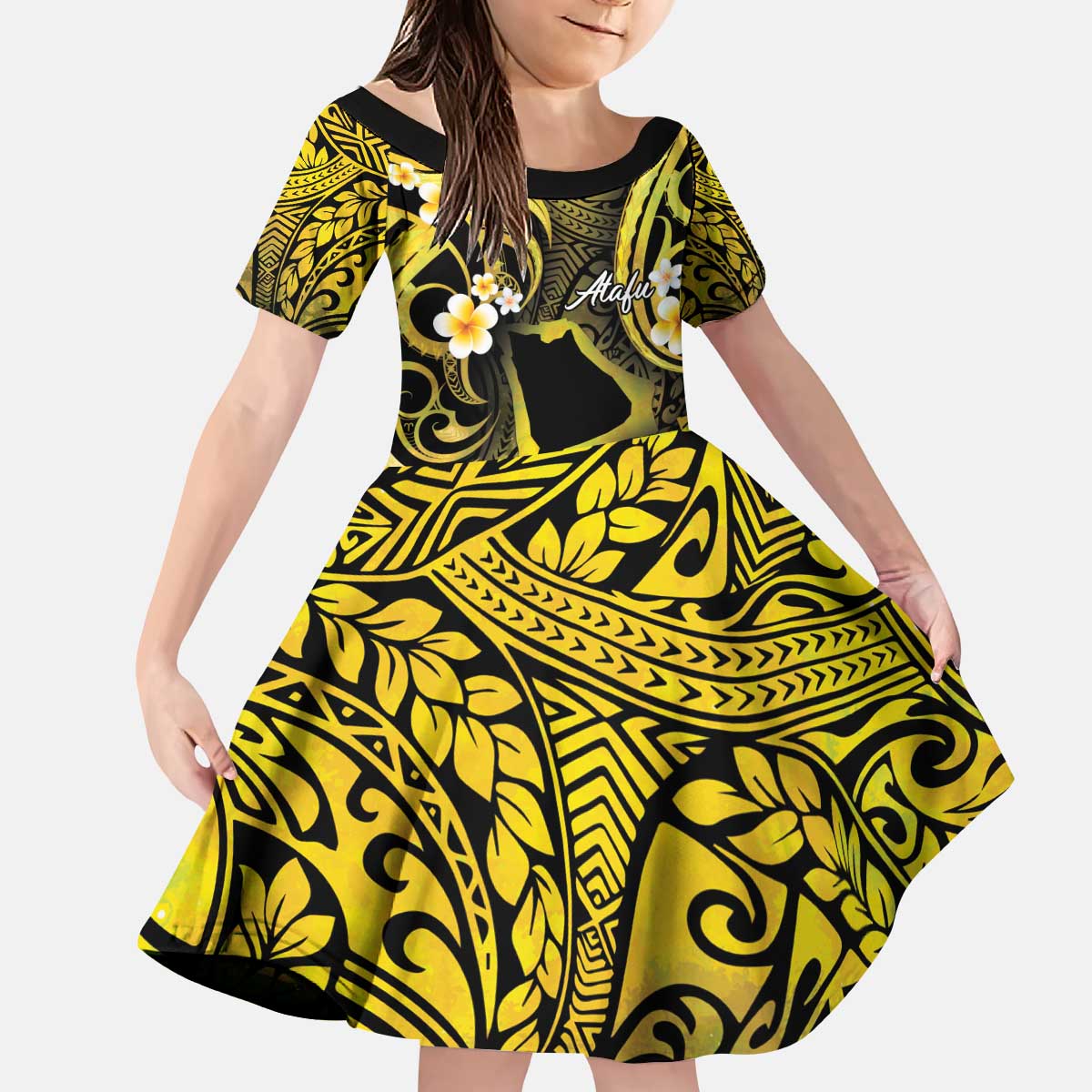 Tokelau Atafu Atoll Family Matching Puletasi and Hawaiian Shirt Polynesian Tattoo Plumeria With Map LT14 Daughter's Dress Gold - Polynesian Pride