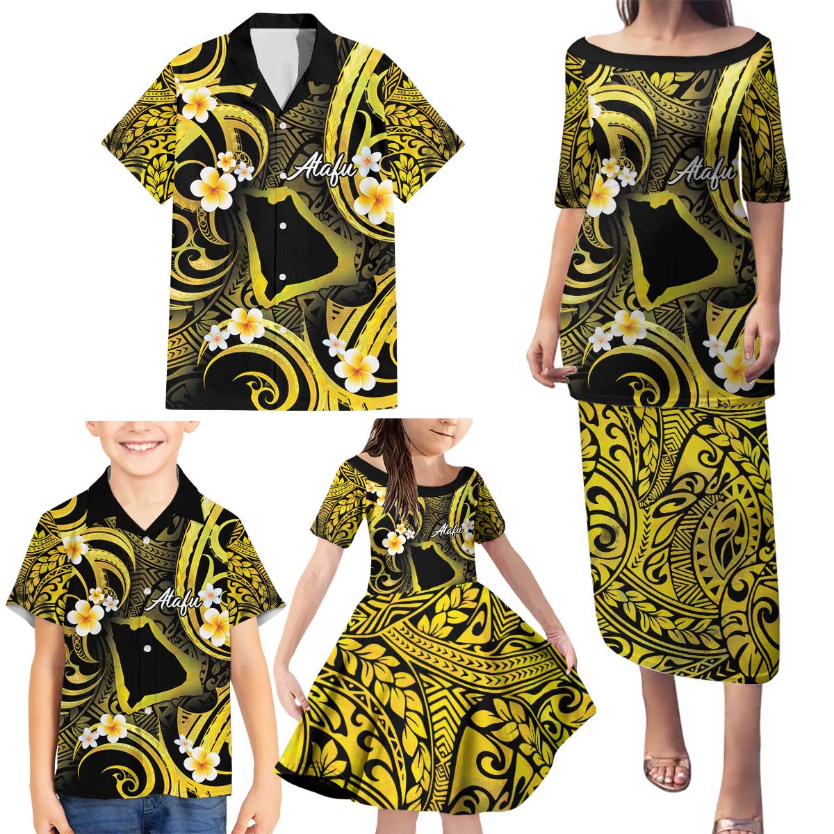 Tokelau Atafu Atoll Family Matching Puletasi and Hawaiian Shirt Polynesian Tattoo Plumeria With Map LT14 - Polynesian Pride