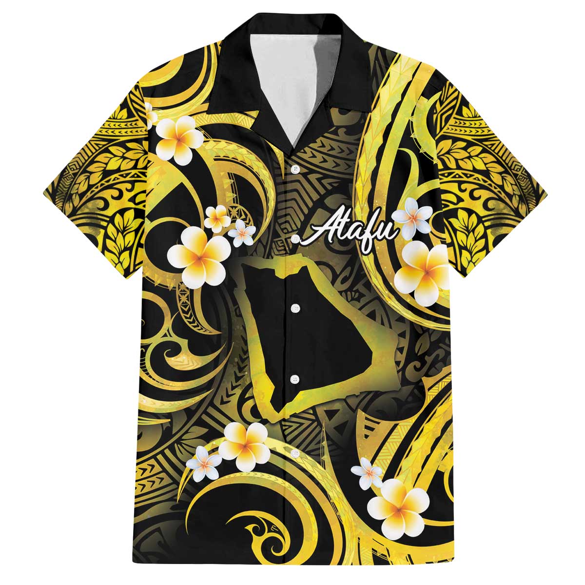 Tokelau Atafu Atoll Family Matching Puletasi and Hawaiian Shirt Polynesian Tattoo Plumeria With Map LT14 Dad's Shirt - Short Sleeve Gold - Polynesian Pride