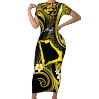 Tokelau Atafu Atoll Family Matching Short Sleeve Bodycon Dress and Hawaiian Shirt Polynesian Tattoo Plumeria With Map LT14 Mom's Dress Gold - Polynesian Pride